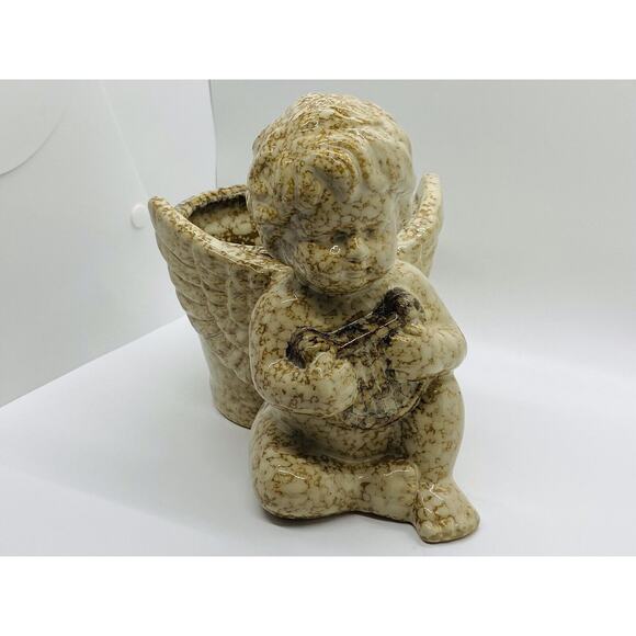 Dimpled Stone Angel Planter With Harp And Wings Extended Around Flower Pot - Picture 8 of 11